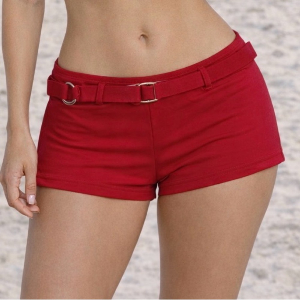 AQUA ROSE Bathing Suit Boy Shorts Bottoms Size Large Red Buckle Detail Belt Loop